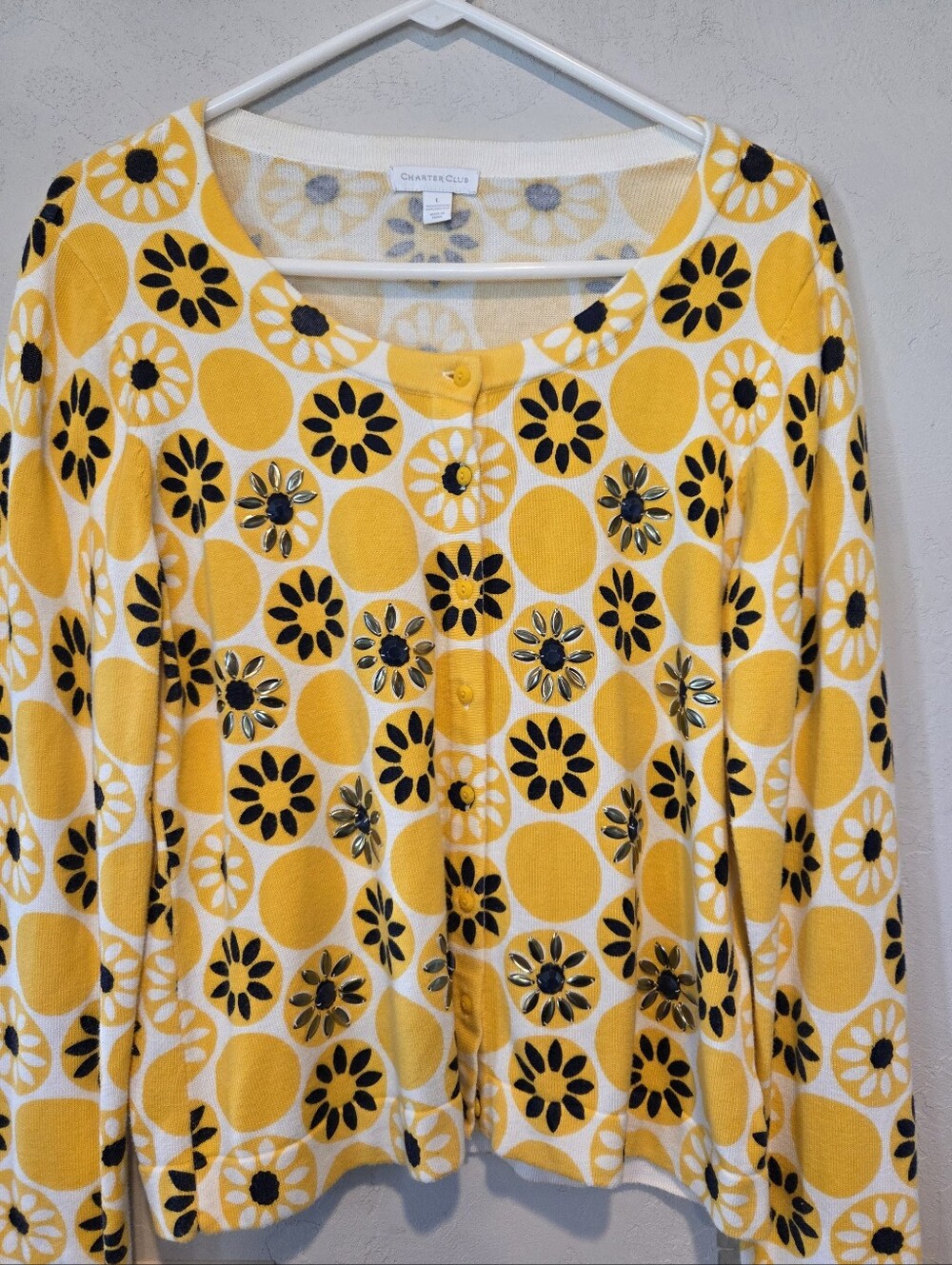 Charter Club Yellow & Black Floral Dot Cardigan with Jewel Accents Size LARGE